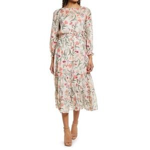 Eliza J Floral Midi Dress Long Sleeve Ruffle Tiered Chiffon Lined Size 10